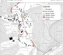 Commune de Courchavon, extrait de la carte des dangers d´érosion avec secteurs de danger élevé (en rouge) le long de l'Allaine.