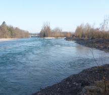 La formation de vagues au-dessus des épis et la surface d'eau agitée au-dessus du courant principal mettent bien en évidence l'effet de déviation des épis submergés.