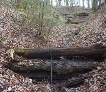 Holzschwelle in schlechtem Zustand. Das Holz ist verfault, teilweise zerbrochen und dadurch schlecht eingebunden.
