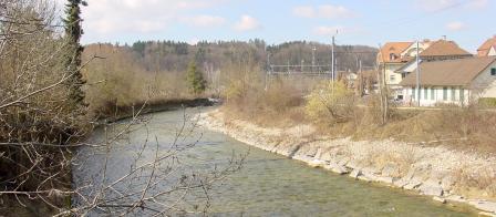 La Singine canalisée avec berges en enrochement à Laupen.